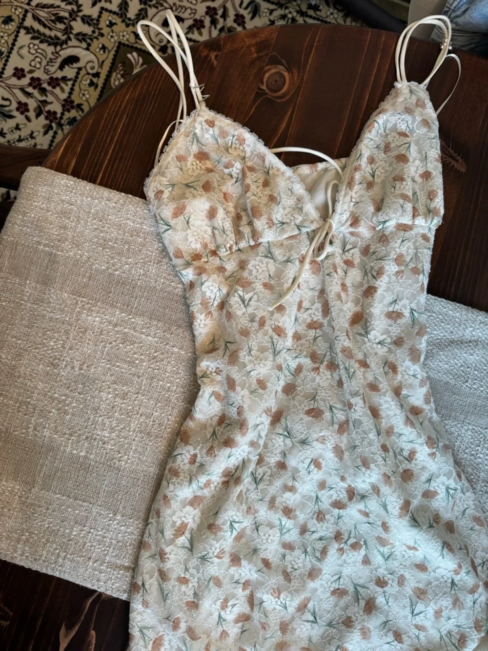 Floral Lace-Trim Slip Dress in Cream and Dusty Rose - Picture 2 of 4